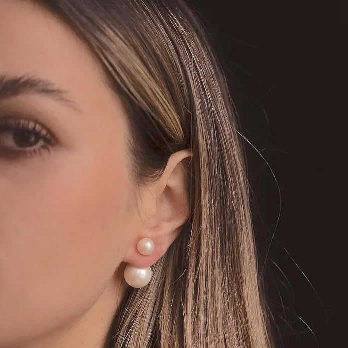 El Regalo 2 Pairs Pearls Earrings- Front & Back Double Sided Small & Big Simulated Pearl (White & Grey) Stud Earrings for Girls & Women