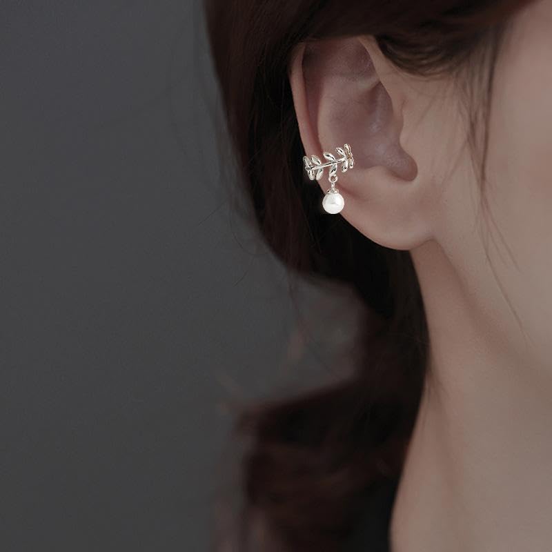 El Regalo 2 Pairs Leaf Pearl Ear Clip Cuff Earrings for Women & Girls - No Piercing Olive Leaf Cartilage Clip-on Earrings Combo (Gold & Silver Finish, Minimalist Pearl Design)
