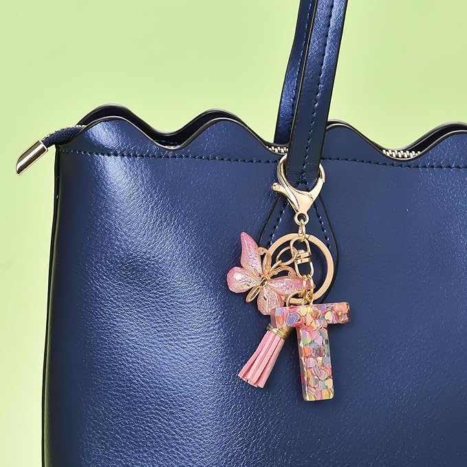 El Regalo Personalized Name Initials Butterfly Charm Keychain - Custom Letter Keyring with Pink Tassel & Butterfly Pendant, Purse, Bag, Backpack Accessory (T Letter)