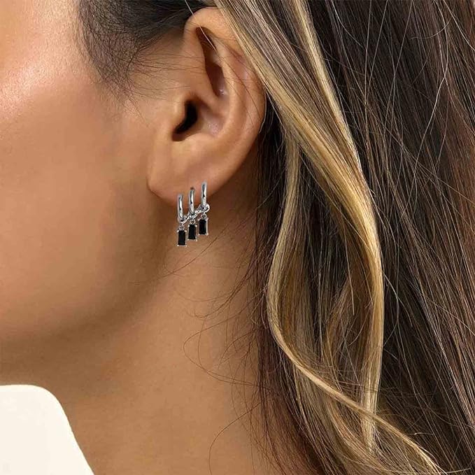 El Regalo Women's & Girl's Western Triple Ear Crawler Earrings- Triple Dangling Baguette Stone Earring- Exquisite Zircon Multilayer Earrings (Silver Black)