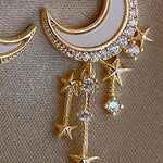 El Regalo Golden Moon, Pearl, Cat, Flower, Wings Dangle Earrings For Girls & Women- Temperament Pearl Cherry Cat Rhinestone Earring Girl Party Jewelry Gift (Moon Star Tassel Earrings)