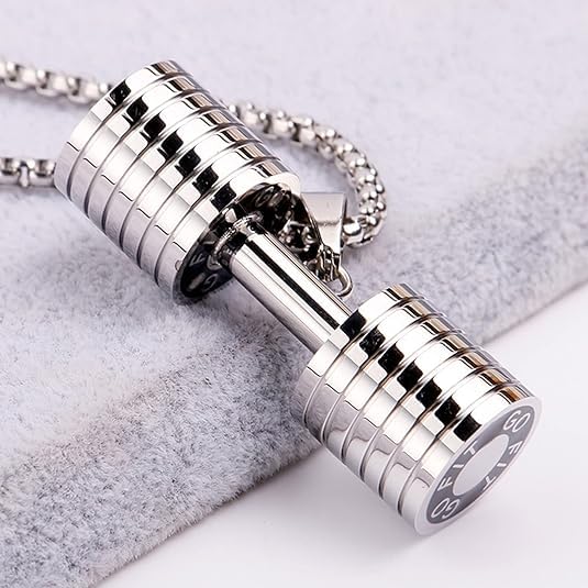 El Regalo Stainless Steel Gym Fitness Dumbbell Pendant Necklace for Boys/Men- Go Fit Motivational Fitness Sports Jewelry for Gym Lovers (Silver)