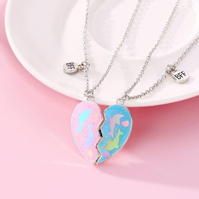 El Regalo Girls 2 Pcs Bff Best Friend Forever Split Magnetic Matching Pendant Necklaces Set- Heart, Flower, Swan, Mermaid, Unicorn Pendant Friendship Necklaces (Bf Dolphin Pendants)