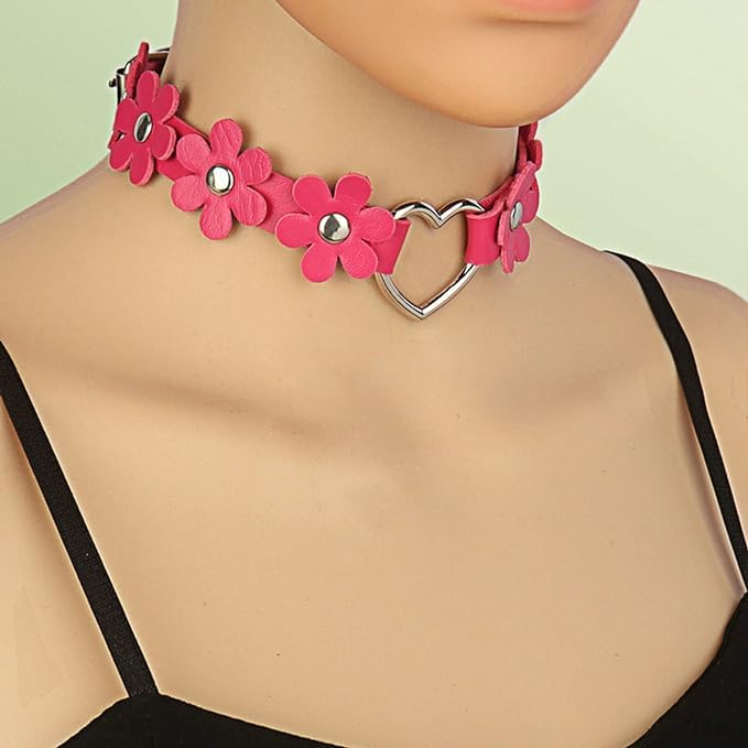 El Regalo Heart Flower Choker Necklace for Girls/Women- Gothic PU Leather Punk Choker Heart Ring Flower Necklace (Rose Pink)