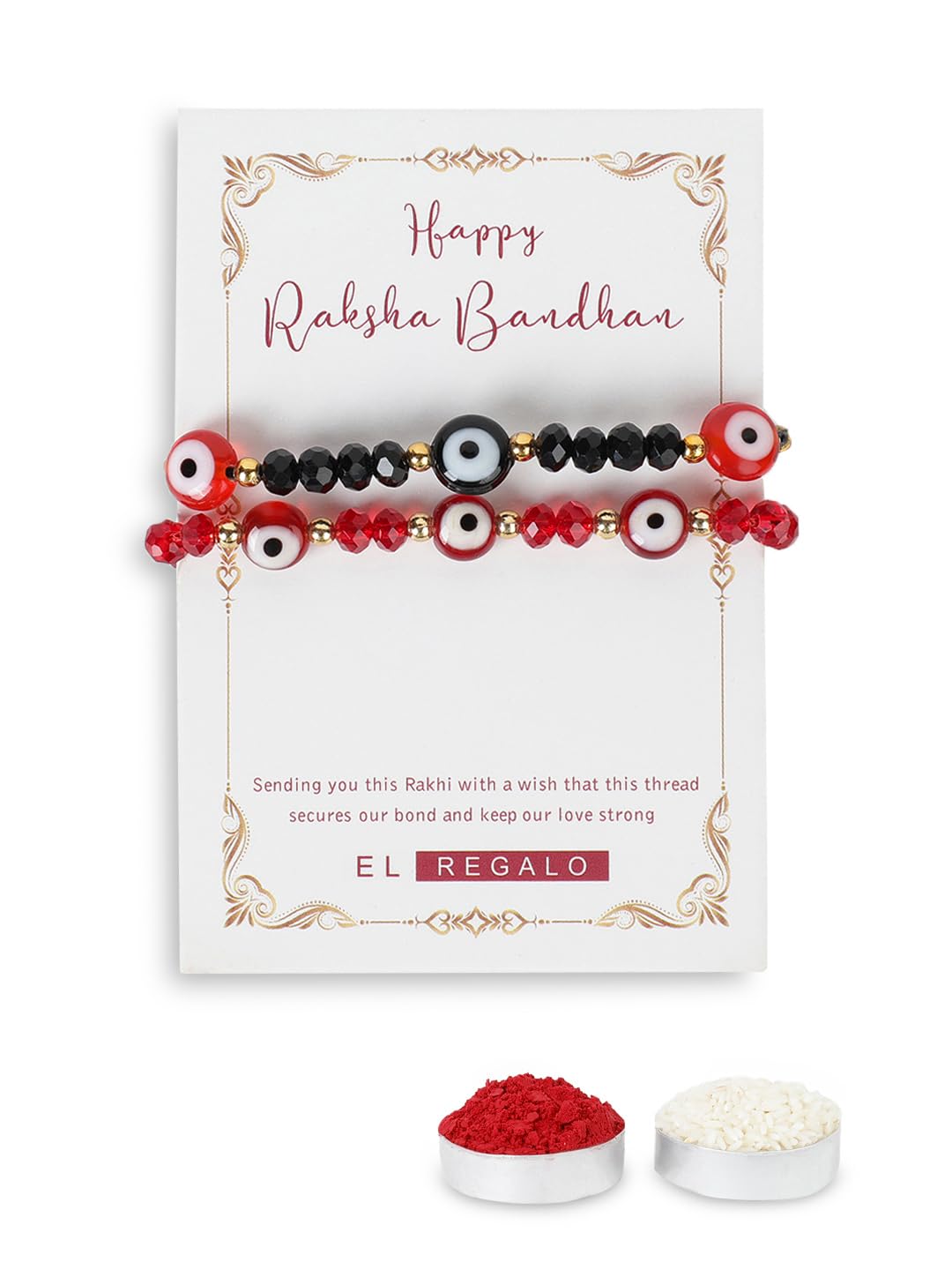 El Regalo 2PCs Kids Rakhi Combo Set - Handmade Evil Eye Nazaria Rakhi for Brother, Niece, Nephew | Red & Black Beads | Includes Roli Chawal in Gift Box