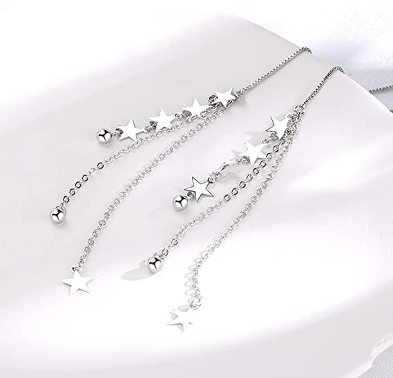 El Regalo 925 Silver Plated Minimalist Long Thin Linear Stars Elegant Threader Dangle Chain Earrings for Girls & Women (Multi Strands Stars Threader)