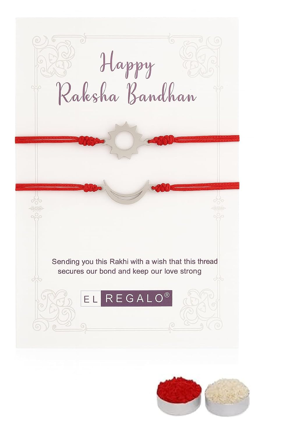 El Regalo 2PCs Sun Moon Adjustable Rakhis for Brother- Simple & Elegant 2 Rakhis with Roli Chawal, Message Card in Rakhi Box for Bhaiya-bhabhi (Red)