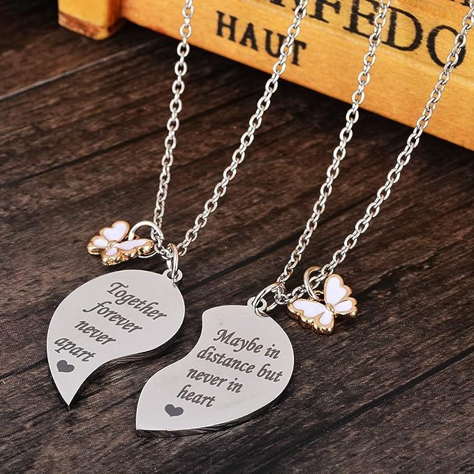 El Regalo Bff Necklace For 2-Split Heart Together Forever, Never Apart Best Friends Butterfly Pendant Friendship pattern Set Of 2 Gifts For Bestie, Best Friends For Girls
