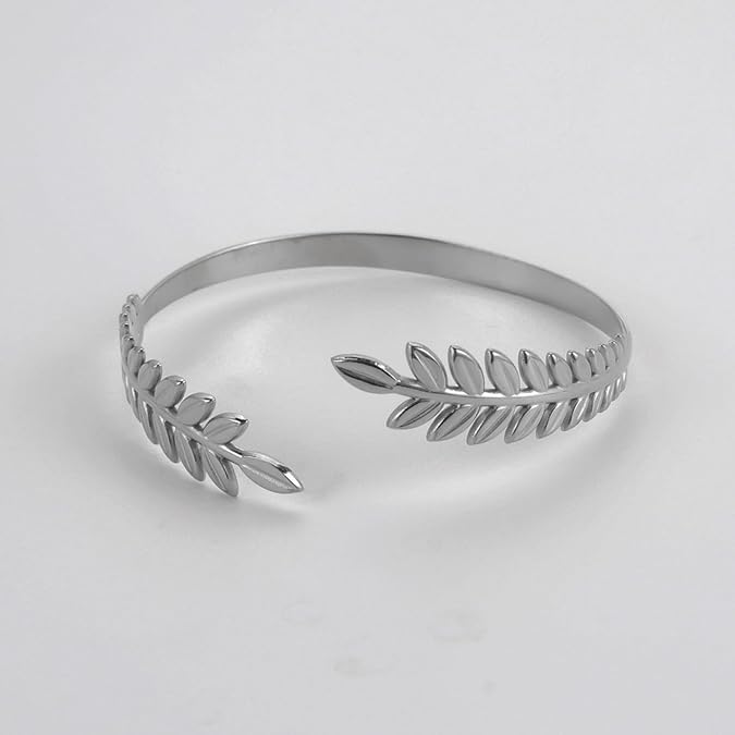 El Regalo Stainless Steel Olive Leaves Open Cuff Bracelet for Women- Anti Tarnish/Waterproof Western Vintage Style Bracelets (Silver)