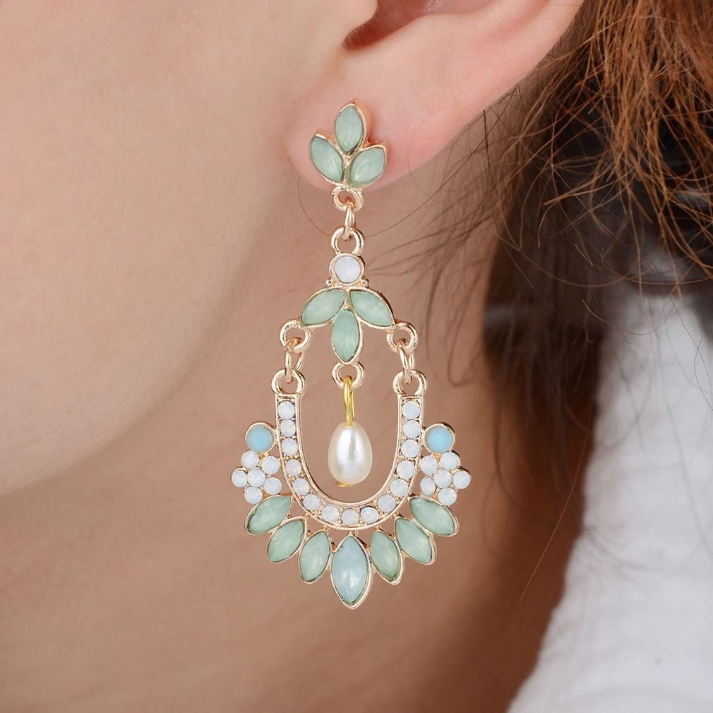 El Regalo Elegant Retro Indian Style Pista Green Stone Drops Pearl Wedding Earrings for Girls & Women