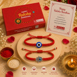 El Regalo Unisex Lucky Kabbalah Blue Turkish Evil Eye Hamasa Hand Red Macrame Rakhi Set for Bhaiya & Bhabhi (Hamasa Hands Evil Eye)