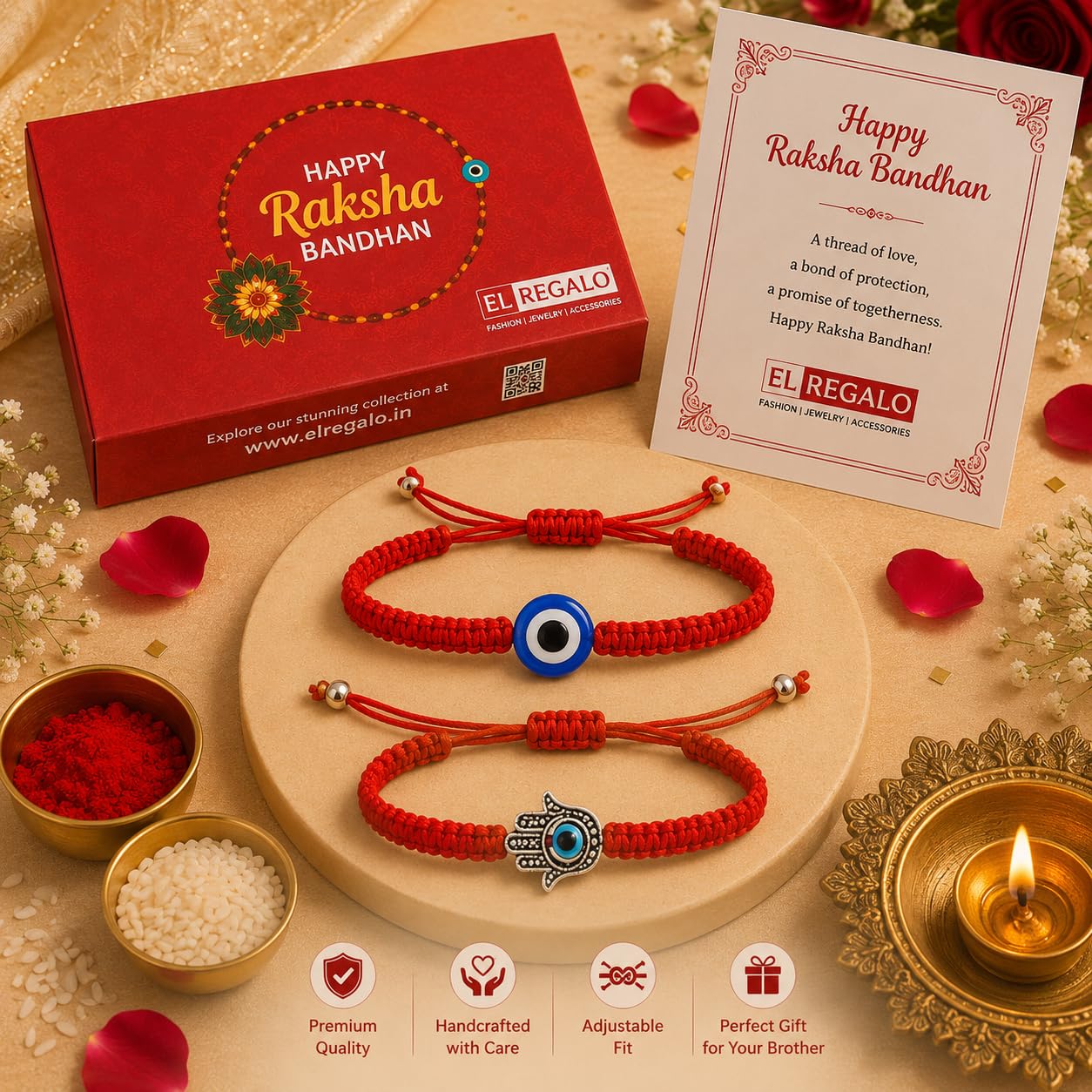 El Regalo Unisex Lucky Kabbalah Blue Turkish Evil Eye Hamasa Hand Red Macrame Rakhi Set for Bhaiya & Bhabhi (Hamasa Hands Evil Eye)