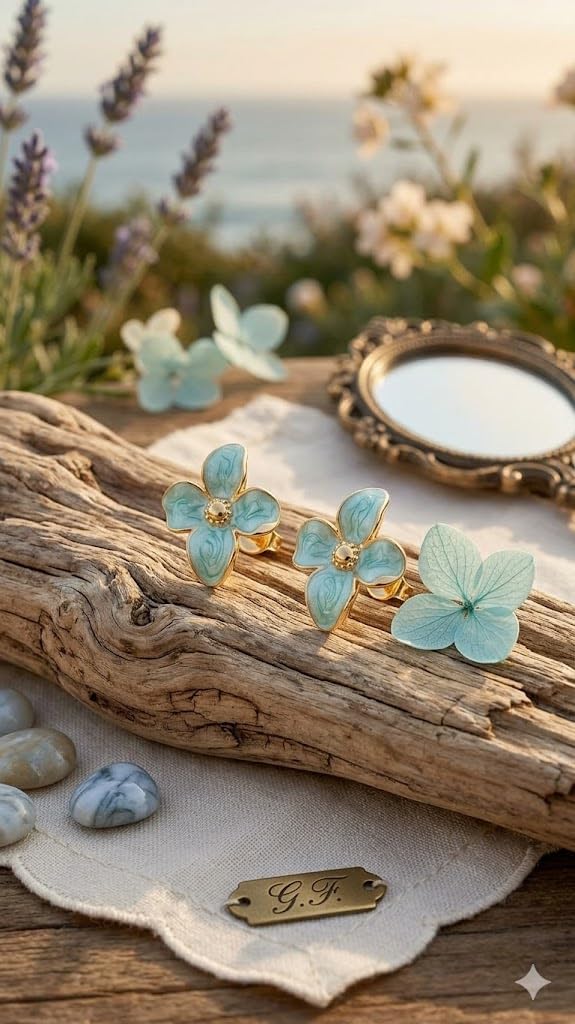 El Regalo Luxurious Oil Drip Flower Stud Earrings for Women & Girls | Stainless Steel Floral Studs | Anti-Tarnish, Skin Friendly Enamel Jewelry | Gift for Her (Floral Collection) (Teel Green - Gold)