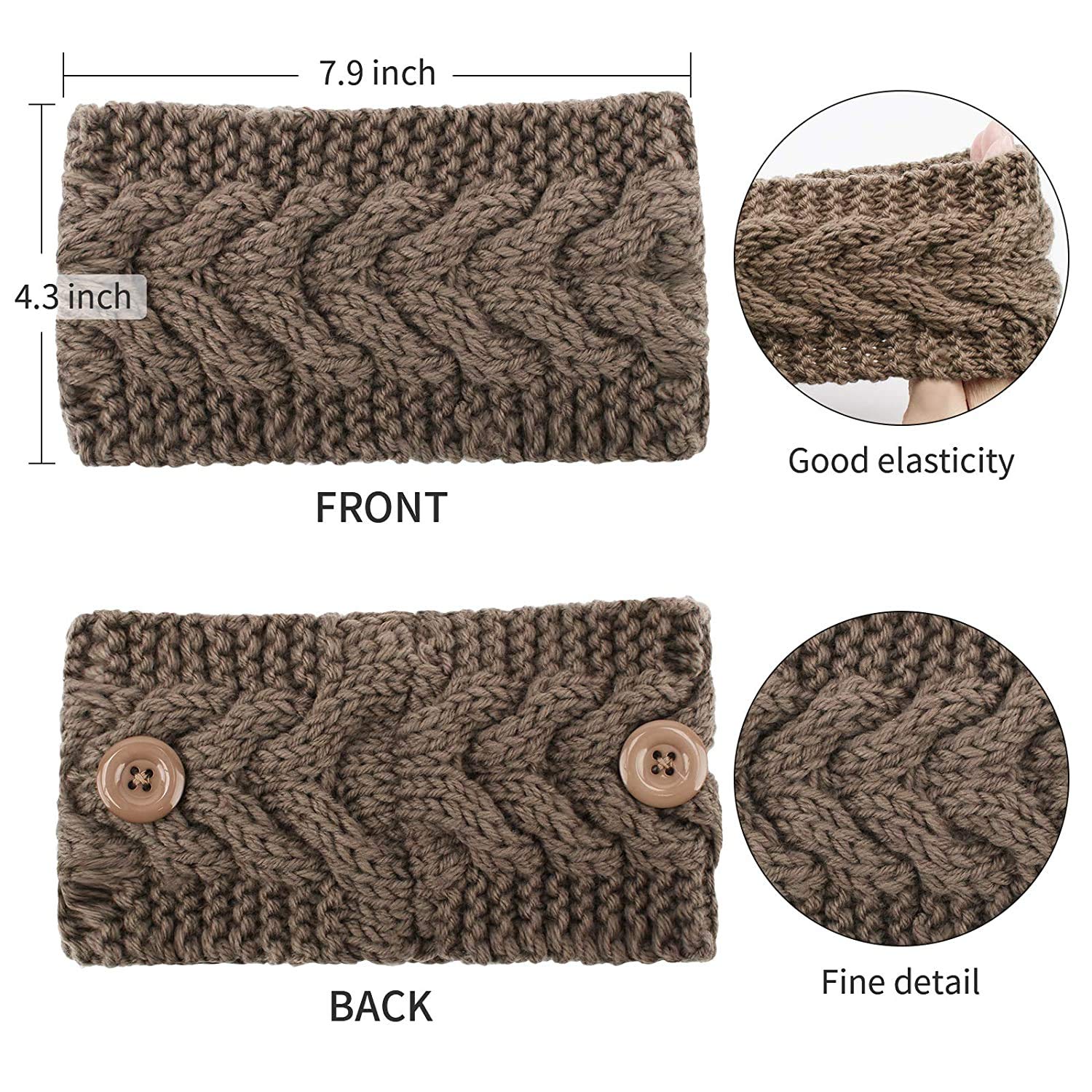 El Regalo 1 PC Unisex Knitted Winter Twist Warm Wool B lend Headband with Buttons for Face Mask Cover, Winter Designer Headbands for Unisex (Khakhi)
