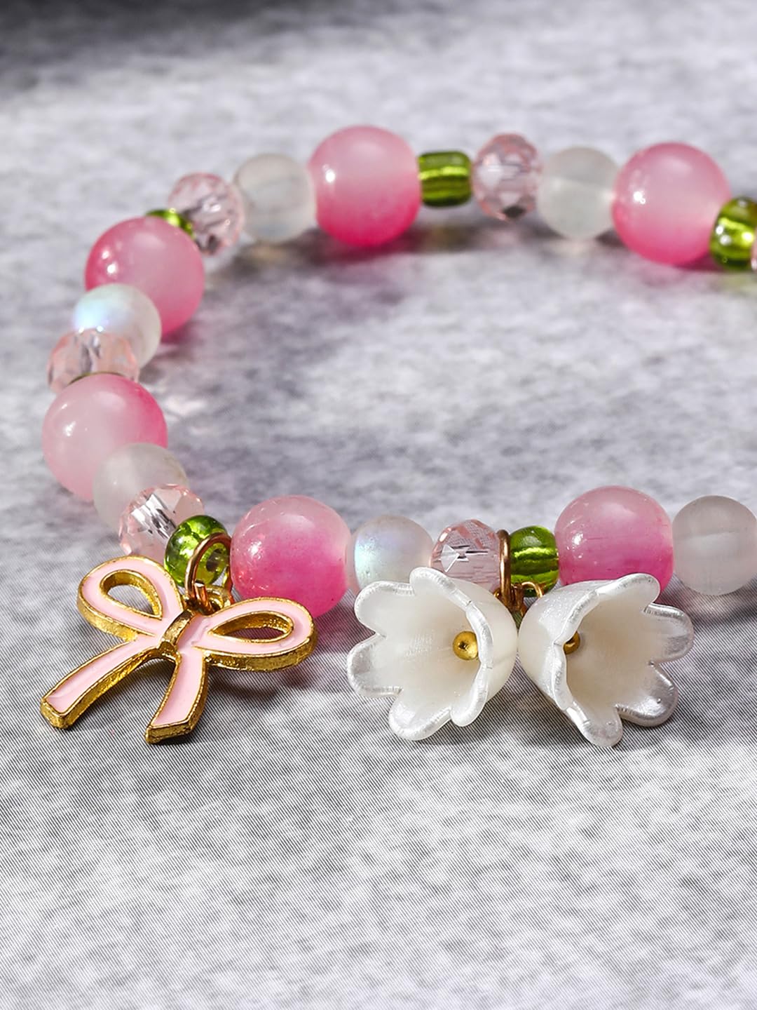 El Regalo Exquisite Lily Flower & Blow Glass Beads Bracelet - Cute Lily Of The Valley Flower Beaded Bracelet, Transparent Gradient Beaded Bow Bracelet For Teen Girls (Gradient Pink)