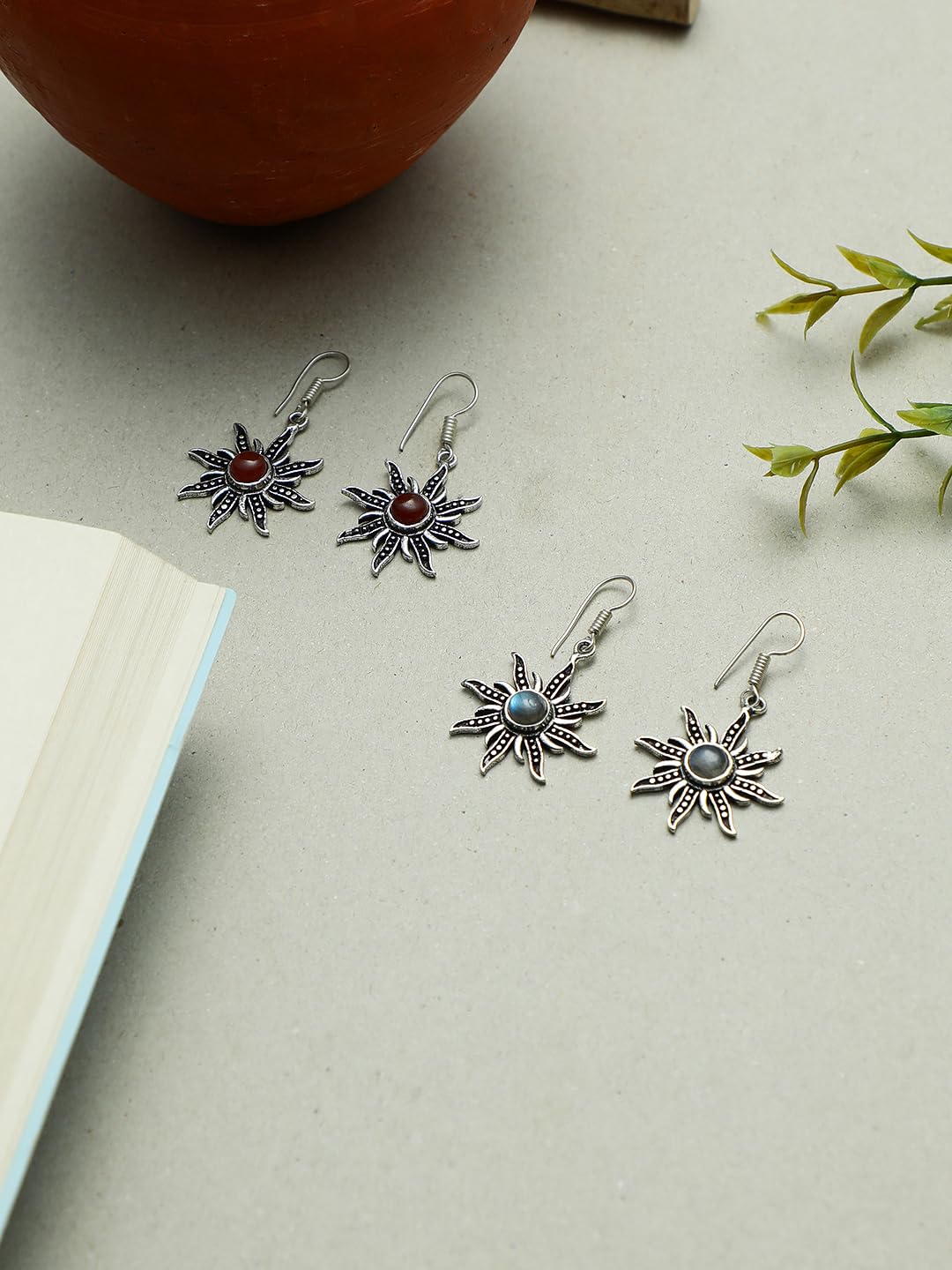 El Regalo Women's & Girl's 2 Pairs Of Contemporary Surya (Sun) Earrings With Natural Stones- Gift For Her (Option-2)