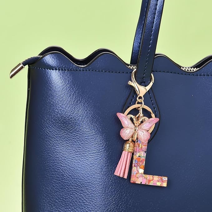 El Regalo Personalized Name Initials Butterfly Charm Keychain - Custom Letter Keyring with Pink Tassel & Butterfly Pendant, Purse, Bag, Backpack Accessory (L Letter)