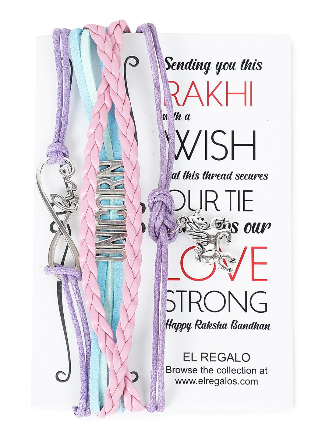 El Regalo Multi-layered Unicorn Infinity Love Charm Rakhi for Brother/Sister/Niece/Nephew with Roli Chawal in Rakhi Gift Box (Purple Unicorn)