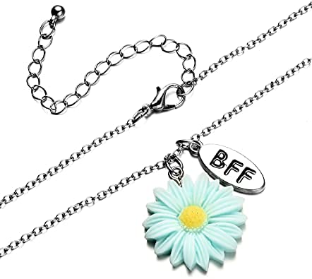 El Regalo 2 PCs Best-Friend (BF) Pink Blue Daisy Flowers 2PCs Pendant Necklace Set for Besties/Sisters/Best Friends - BFF Jewelry for Girls