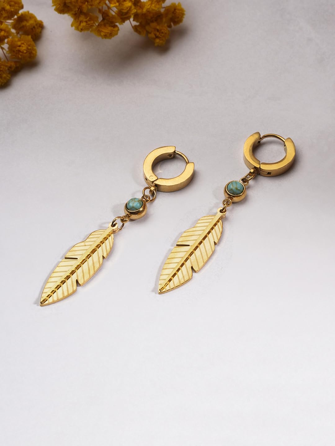 El Regalo Elegant Stainless Steel Leaf/Feather Hoop Turquoise Stone Earrings- Anti Tarnish, Waterproof Statement Leaf Hoops for Modern Women