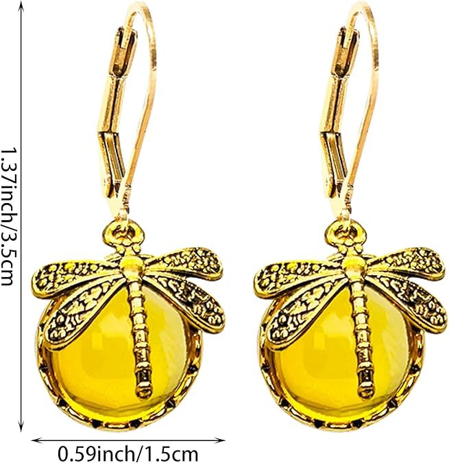 El Regalo Bohemian Vintage Dragonfly Crystal Earrings- Victorian Moonstones Dragonfly Vintage Carved Earrings for Women/Girls (champagne yellow)