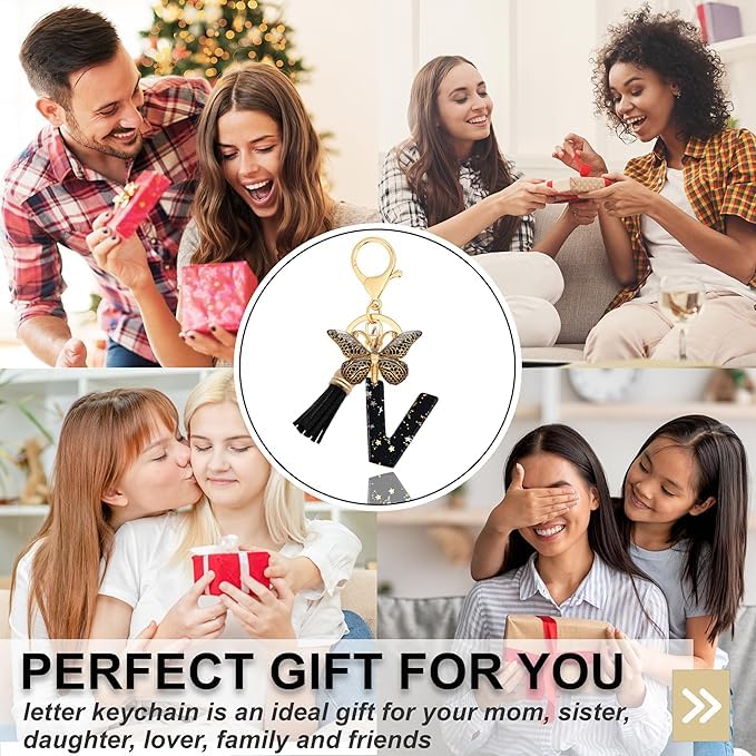 El Regalo Personalized Name Initials Butterfly Charm Keychain - Name Letter Keyring with Black & Golden Tassel & Butterfly Pendant, Purse, Bag, Backpack Accessory (V Letter)
