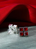 El Regalo 925 Silver Plated Oxidized Stud Earrings with Monalisha Stones - Square Bohemian Stud Earrings for Women - Tribal Antique Replica Earrings (Red)
