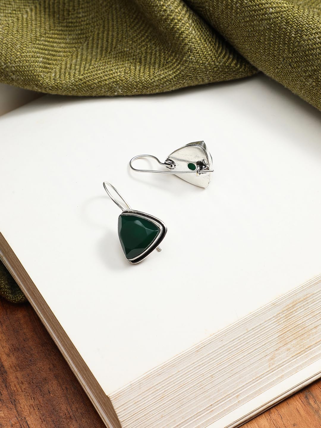 El Regalo 925 Silver Plated Hook Earrings for Women- Elegant Cushion Pyramid Half Bezel Stones (Green)