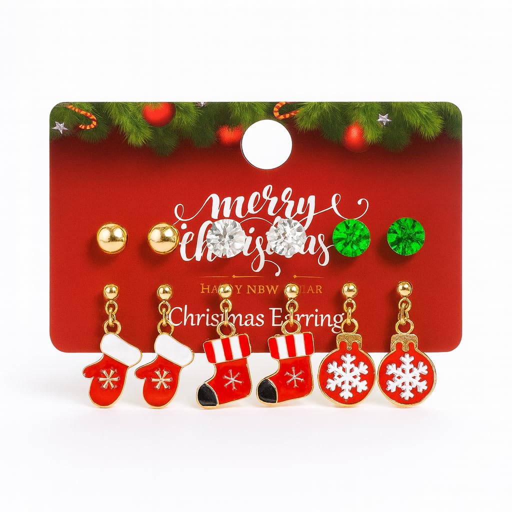 El Regalo 6 Pairs of Cute Christmas Earrings Set for Girls & Women- Xmas Charms Earrings with Tree, Santa, Snowman, Reindeer, Stars charms Stud & Dangle Earrings, Holiday & Secret Santa Gifts (Xmas Style-5)