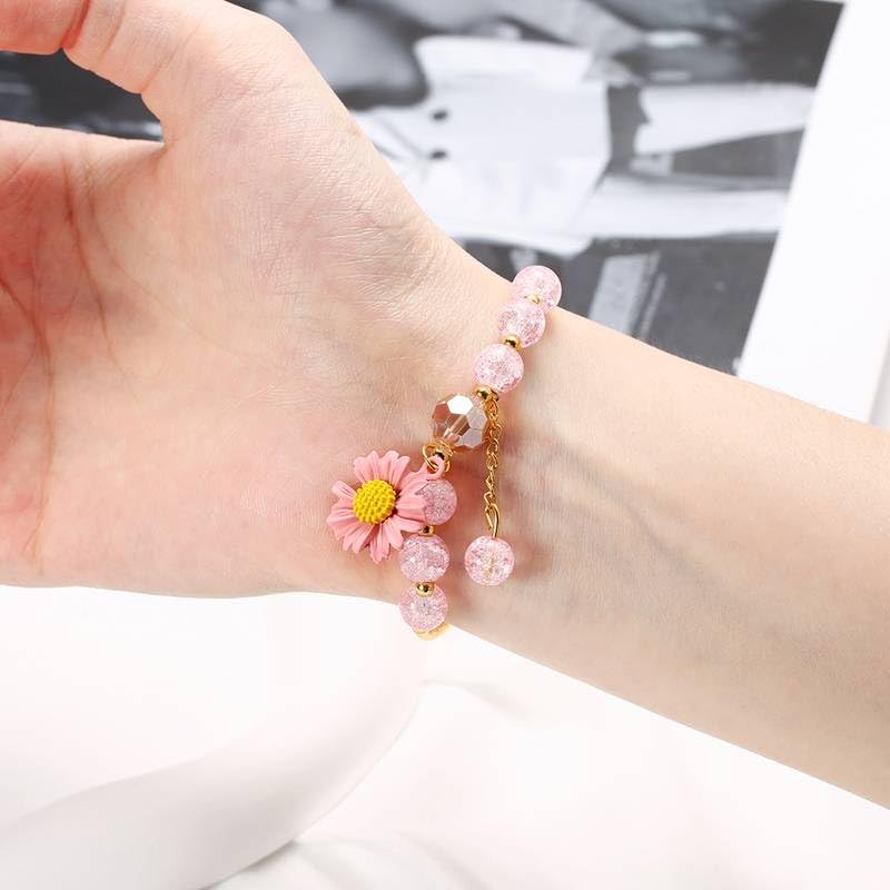 El Regalo 1PC Daisy Flower/Sunflower Crackle Beads Stretch Bracelet for Girls & Women- Fancy Floral Bracelets (Pink)