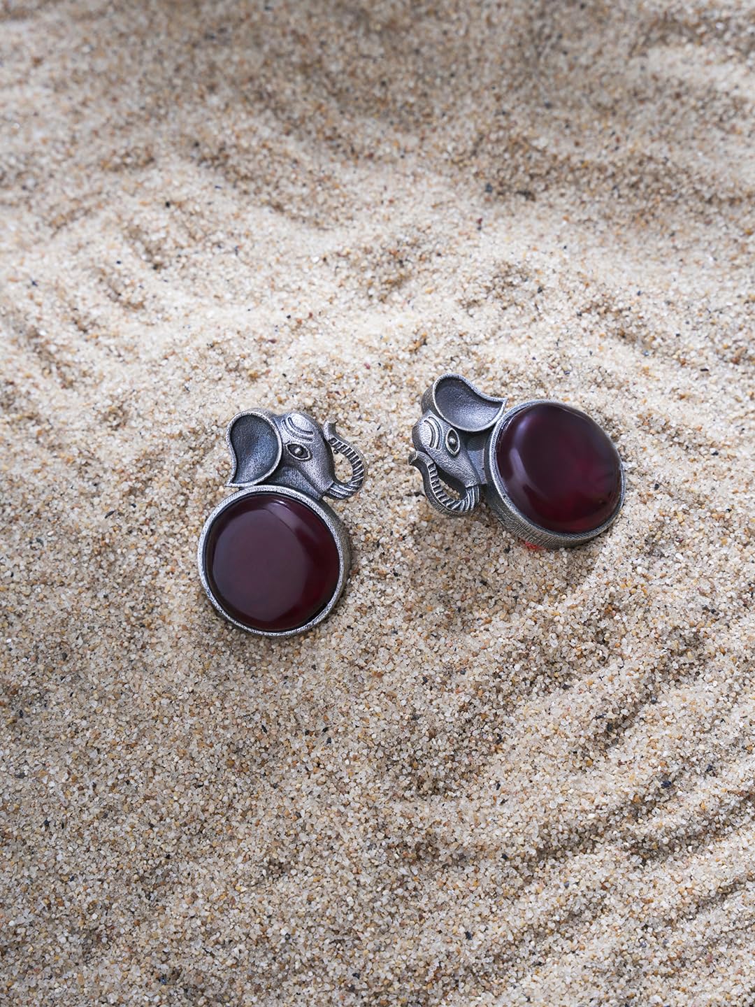El Regalo 1Pair Oxidized German Silver Ganesha Elephant Stone Stud Earrings- Handcrafted Unique Earrings with Color Stone Options (Red)