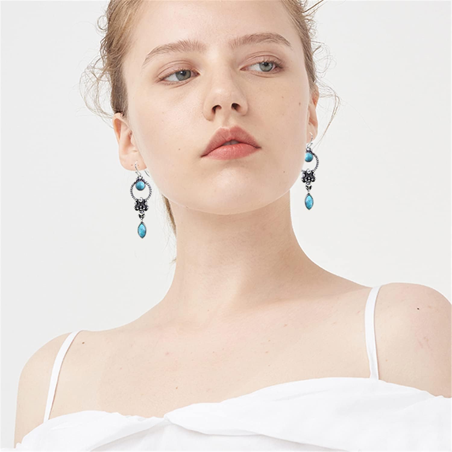 El Regalo Small Handmade Vintage Silver Tone Simulated Turquoise Dangle Drop Earrings for Women Girls- Retro Blue Stone Earrings