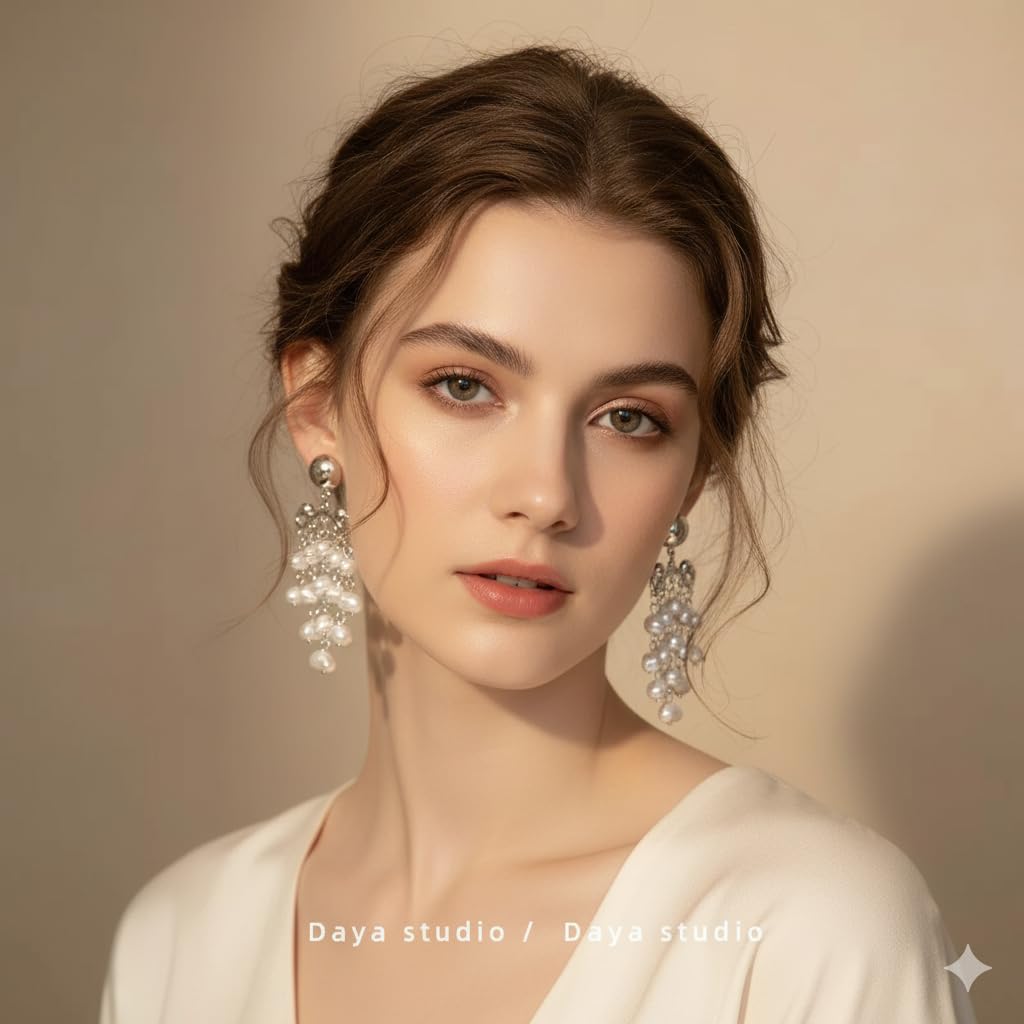 El Regalo Contemporary Silver-Tone Earrings with Cascading Pearls - Modern Pearls Tassel Drop Earrings for Women & Girls