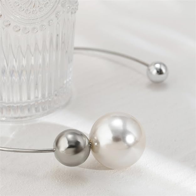 El Regalo Vintage Punk Big Imitation-Pearl CCB Bead Torques Coller Choker Open Necklace for Girls & Women (Silver)
