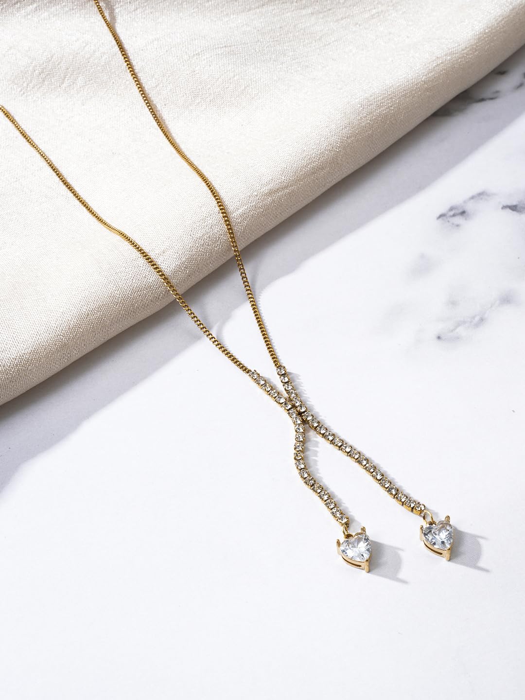 El Regalo Heart Zircon Pendant Necklace for Women- Stainless Steel, 18K Gold Plated CZ Tennis Y Tassel Necklace (White)