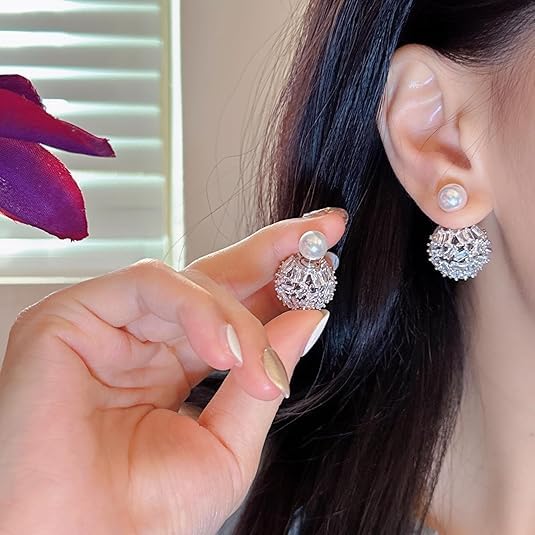 El Regalo Cute & Luxury Ear Jacket Crystal Ball Double Sides Stud Earrings for Women Girls- Elegant CZ Front Back Cartilage Studs Earring Dainty 2 in 1 Jewelry (Silver)