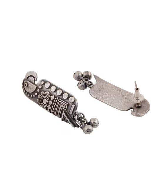 El Regalo Oxidized Bird Ghungroo Stud Earrings- Silver Lookalike Parrot Bird Handcrafted Statement Earrings