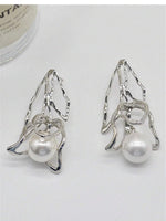 El Regalo Exaggerated Irregular Pearl Statement Earrings- Striking European Design, Lightweight Leaf Pattern Earrings with Dangling Pearls