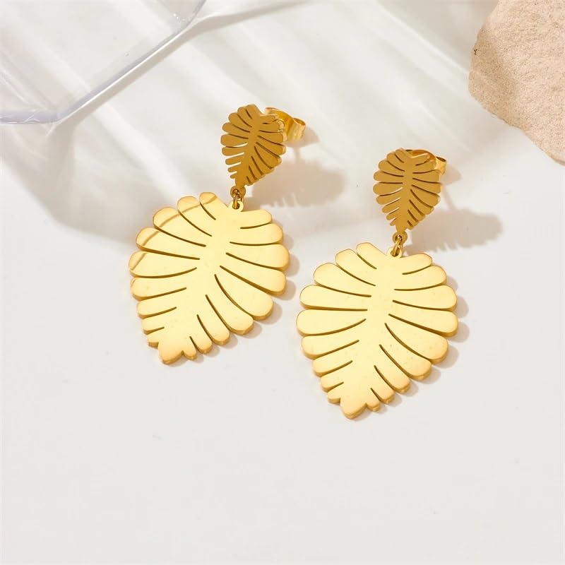 El Regalo Women's & Girl's Big & Bold Stainless Steel Hollow Cut Leaves Stud Earrings- Western Tropical Monstera Leaves Earrings