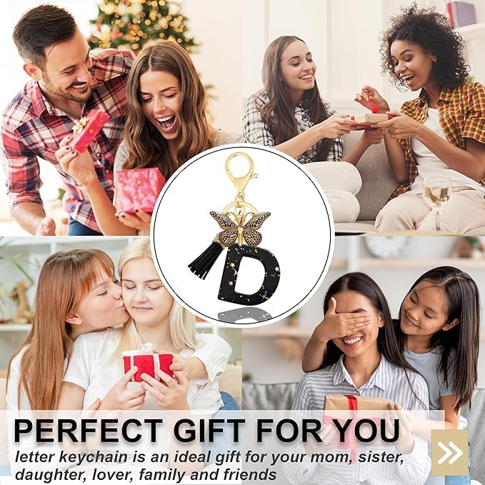 El Regalo Personalized Name Initials Butterfly Charm Keychain - Name Letter Keyring with Black & Golden Tassel & Butterfly Pendant, Purse, Bag, Backpack Accessory (D Letter)