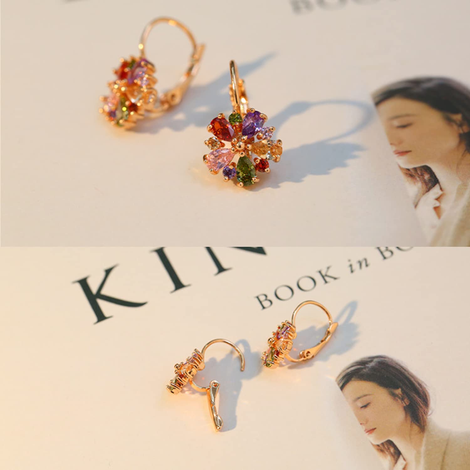 14K Rose Gold Huggie Stud Earrings for Women Gold Hoop Earrings Multicolored Crystal Elements Fashion Bridal Jewelry, Brass, crystals