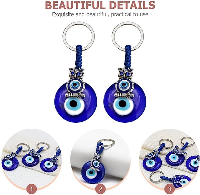 El Regalo 1 PC Cute Handmade Evil Eye KeyChain, Hanging Decor, Handcraft Keyring, Good Luck Keychain, Devil Blue Eyes Car Pendant Bag Charm (Owl Evil Eye)