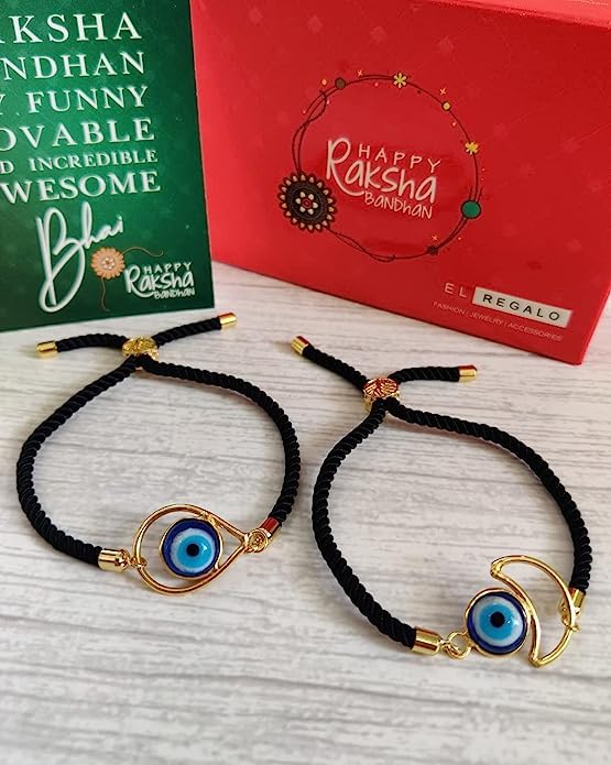 El Regalo Elegant 1PC Evil Eye Rakhi with shagun and Raksha Bandhan Message Card - Lucky Evil Eye Protection Rakhi to Avoid Negative Energies for Brother/Sister-in-Law/Niece or Nephew (Option-2)