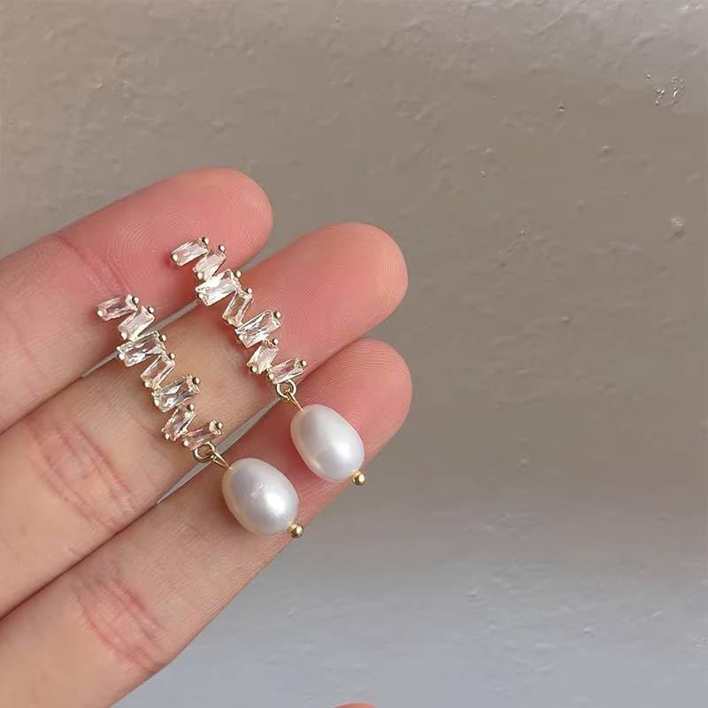 El Regalo Fancy Pearl Earrings- Pearl Zircon Inlaid Dangle Earrings for Girls & Women- Pearl Tassel Long Earrings (Zircon Pearl Studs)