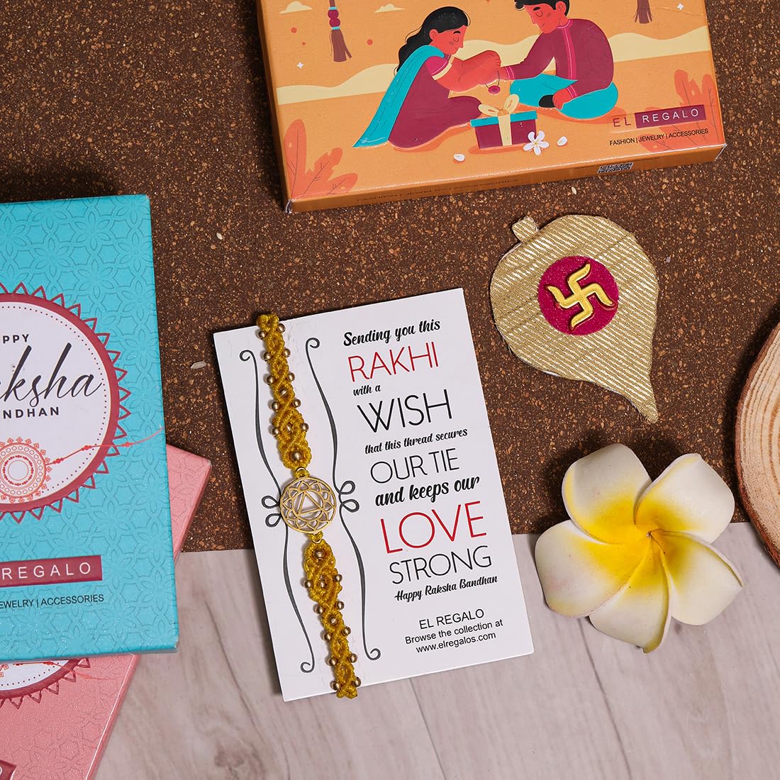 El Regalo 1PC Chakra Rakhi for Brother- Designer Chakra Reiki Healing Symbols Hand Braided Rakhi with shagun, Rakhi Card in Gift Box for Bhaiya/Bhabhi/Niece/Nephew (Solar Plexus Chakra)