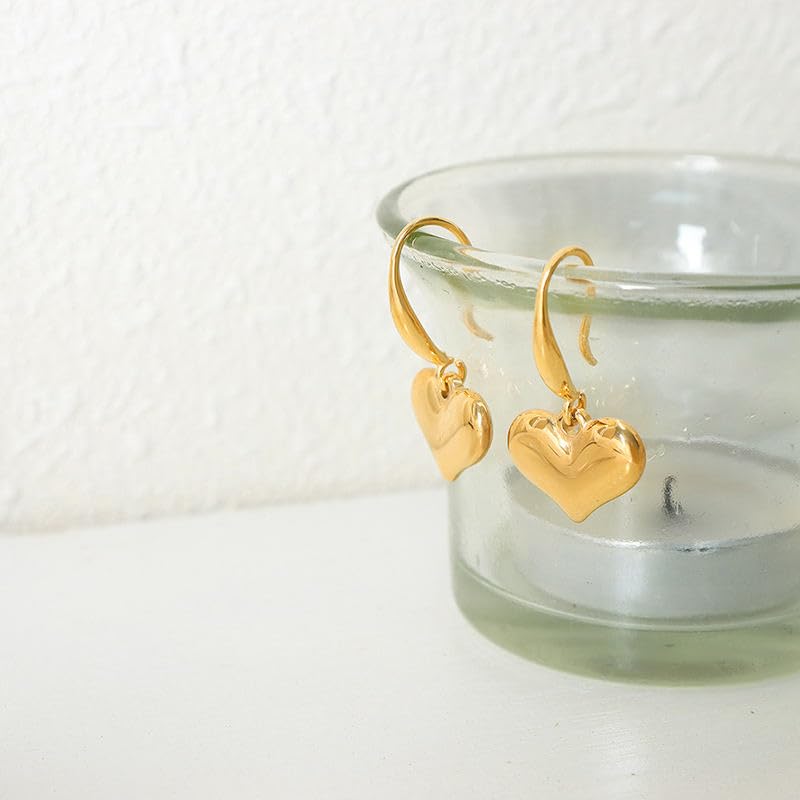 El Regalo Stainless Steel Heart Hoop Earrings- Waterproof/Anti-Tarnish Vintage Love Drop Huggie Hoop Earrings for All Day Wear (Gold-Hook)