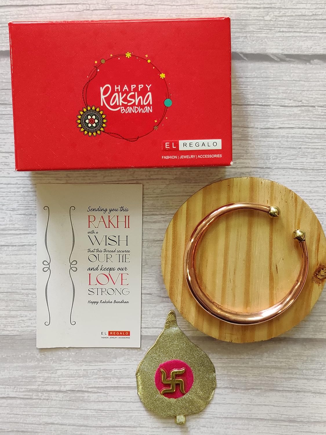 El Regalo 1 Copper OM Bracelet Rakhi for Brother/Bhai - Rakhi for Bhai with shagun, Rakhi Message Card in Rakhi Gift Box (Option-2)