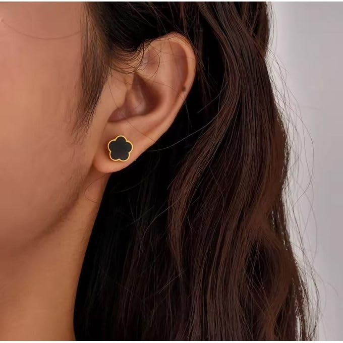 El Regalo Stainless Steel Stud Earrings Combo for Women & Girls | 18K Gold Plated Anti-Tarnish Cute Pearl, Black Flower, & Heart Western Earrings Set | Elegant Daily Wear Aesthetic Jewelry (Set of 3 Pairs)