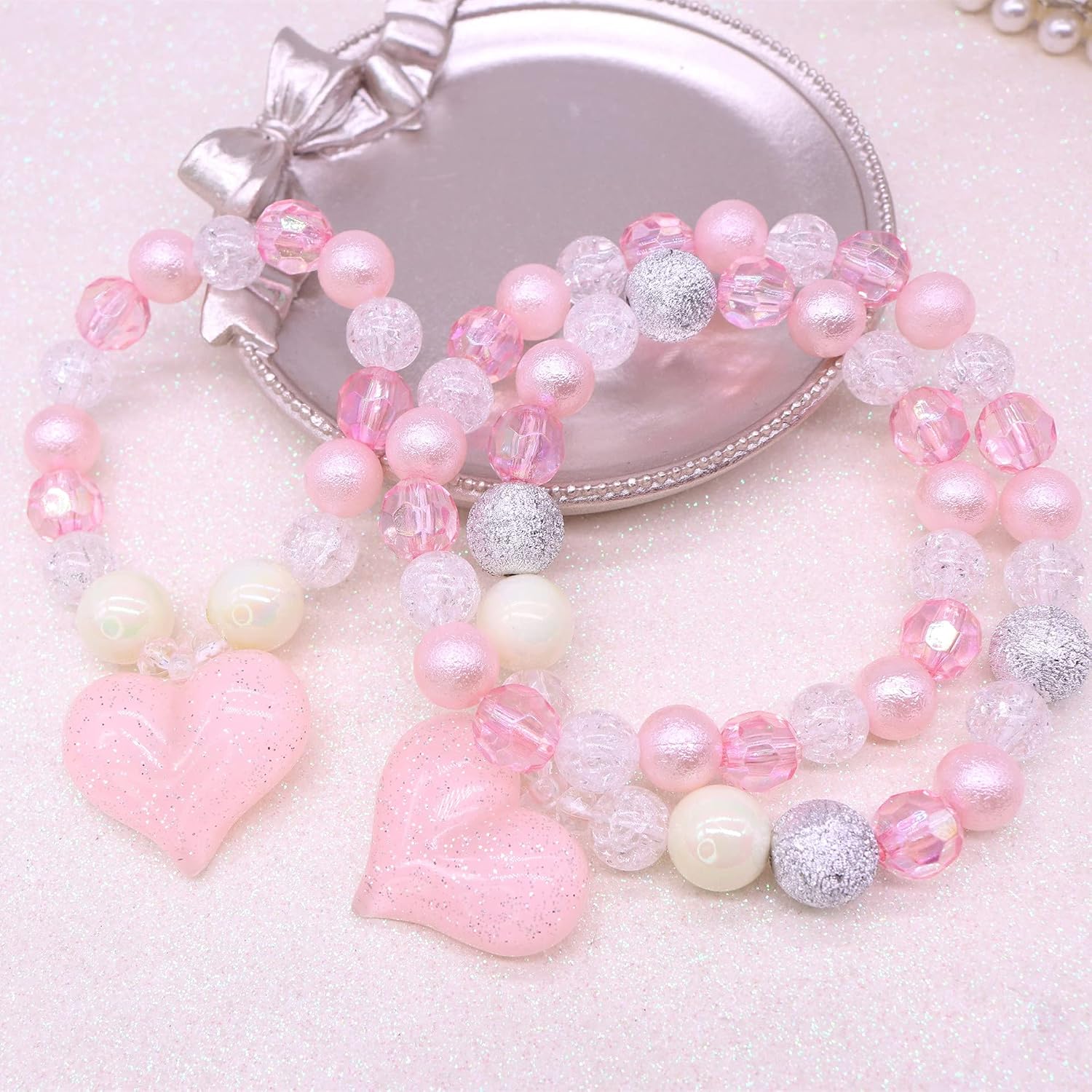 El Regalo 2 PC Girls Kids Shiny Pink Heart Resin & Acrylic Beads Jewelry Sets | Colorful Princess Heart Beaded Necklace & Bracelet Sets, Princess Necklace Bracelet Set for Toddlers/Girls/Kids