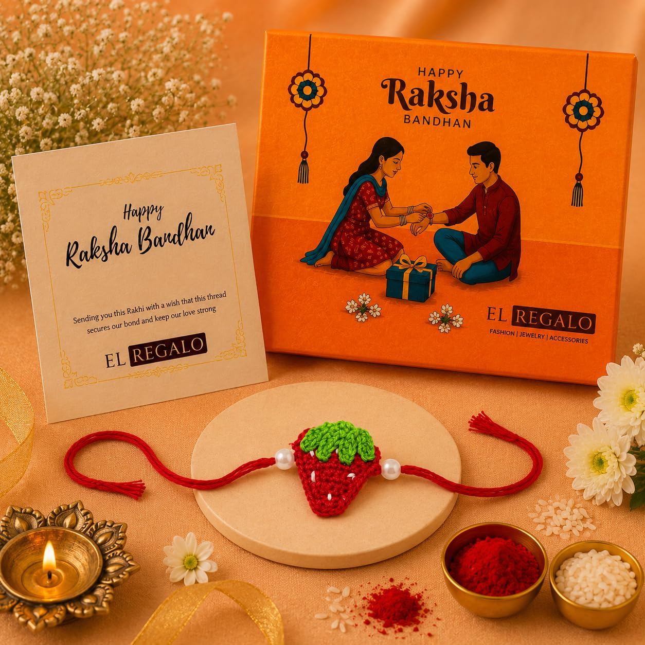 El Regalo Kids Rakhi- Crochet handmade Rakhis for Little Brother/Niece/Nephew with shagun, Message Card in Gift Box- for Kids/Babies/Toddlers (Strawberry)
